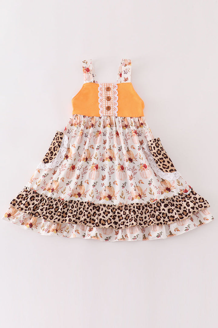 Orange Pumpkin Leopard Ruffle Dress