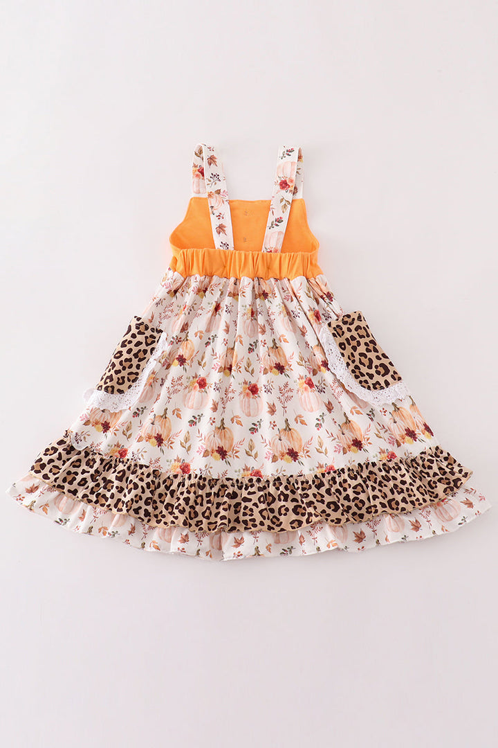 Orange Pumpkin Leopard Ruffle Dress