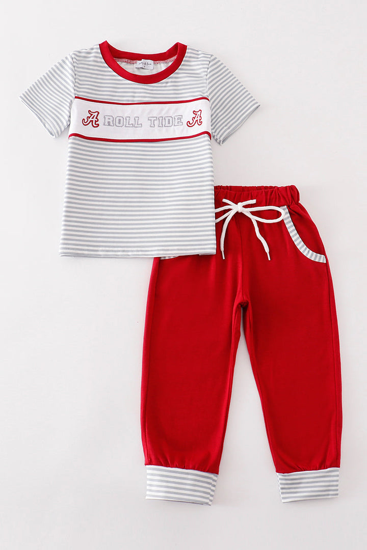 Maroon Roll Tide Embriodery Stripe Boy Set