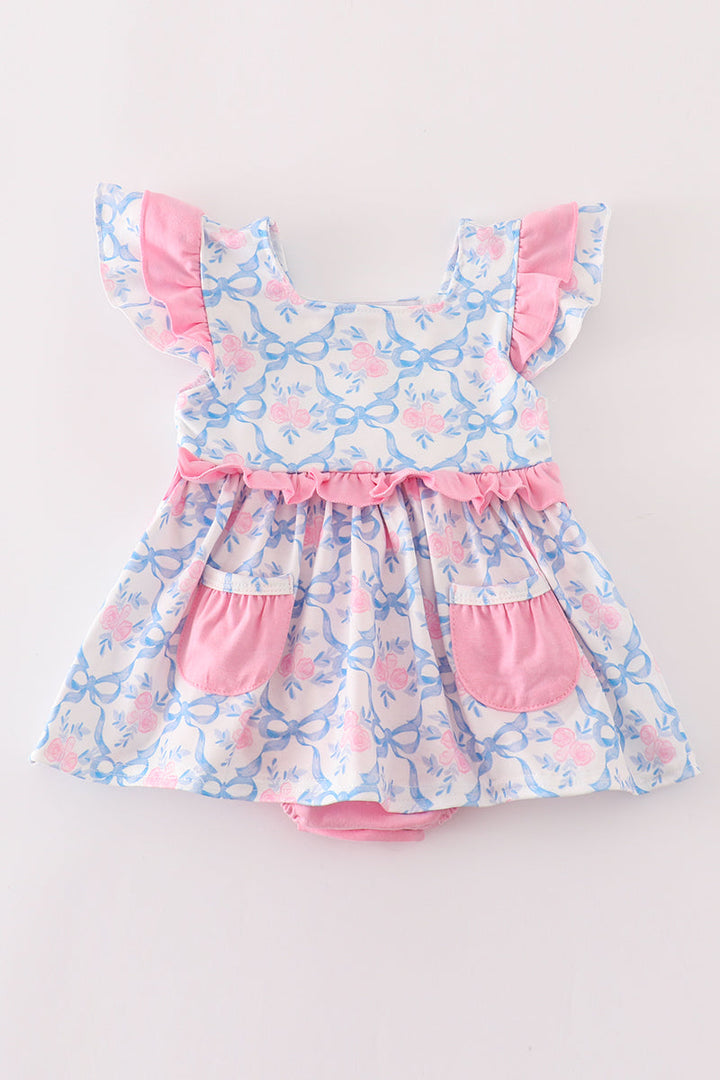 Pink Bow Print Ruffle Bubble