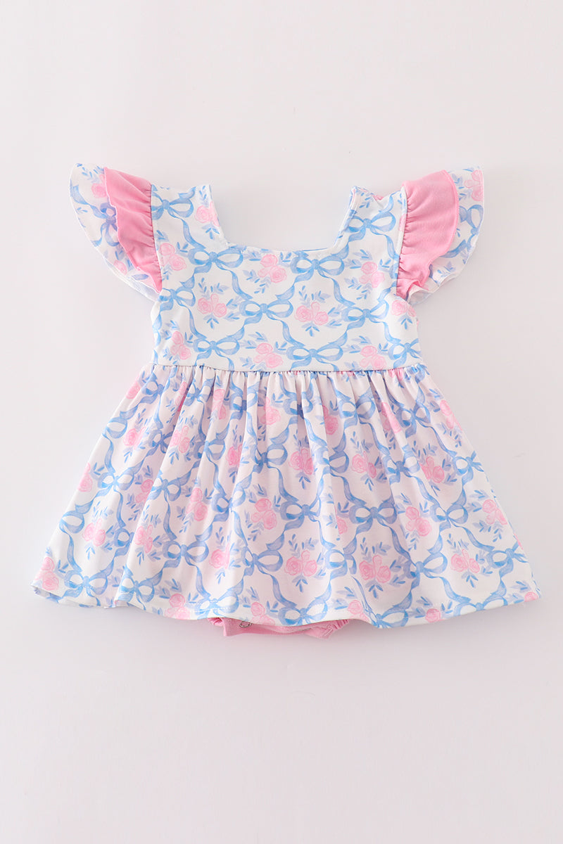 Pink Bow Print Ruffle Bubble