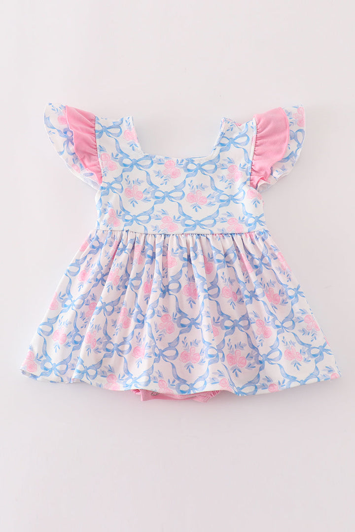 Pink Bow Print Ruffle Bubble