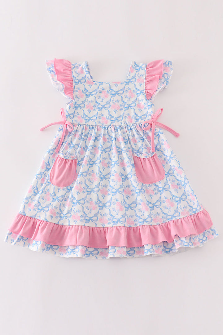 Pink Bow Print Ruffle Dress