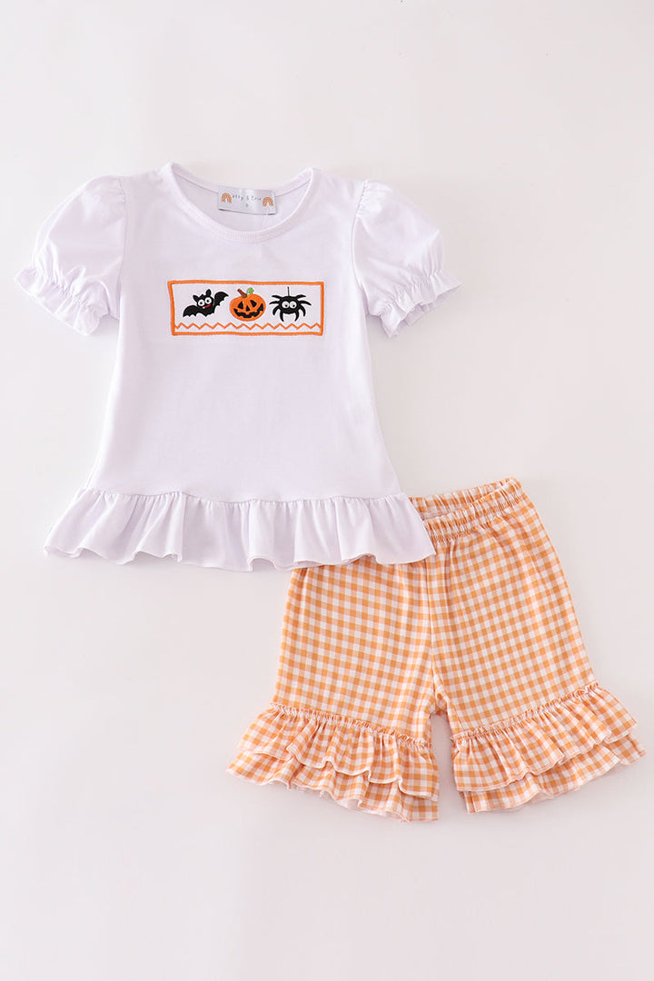 Orange Halloween Embroidery Plaid Girl Set