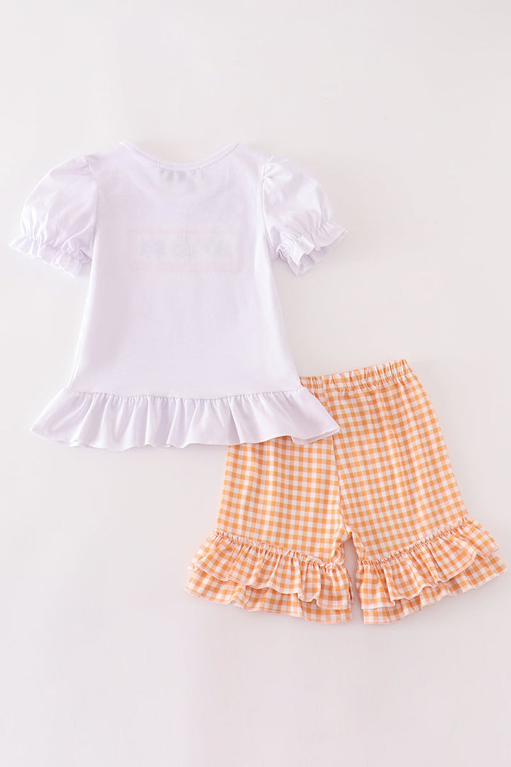 Orange Halloween Embroidery Plaid Girl Set