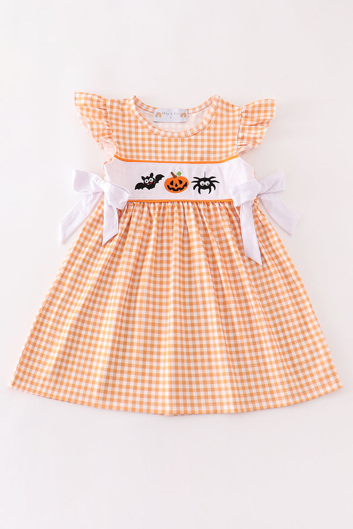 Orange Halloween Embroidery Plaid Dress