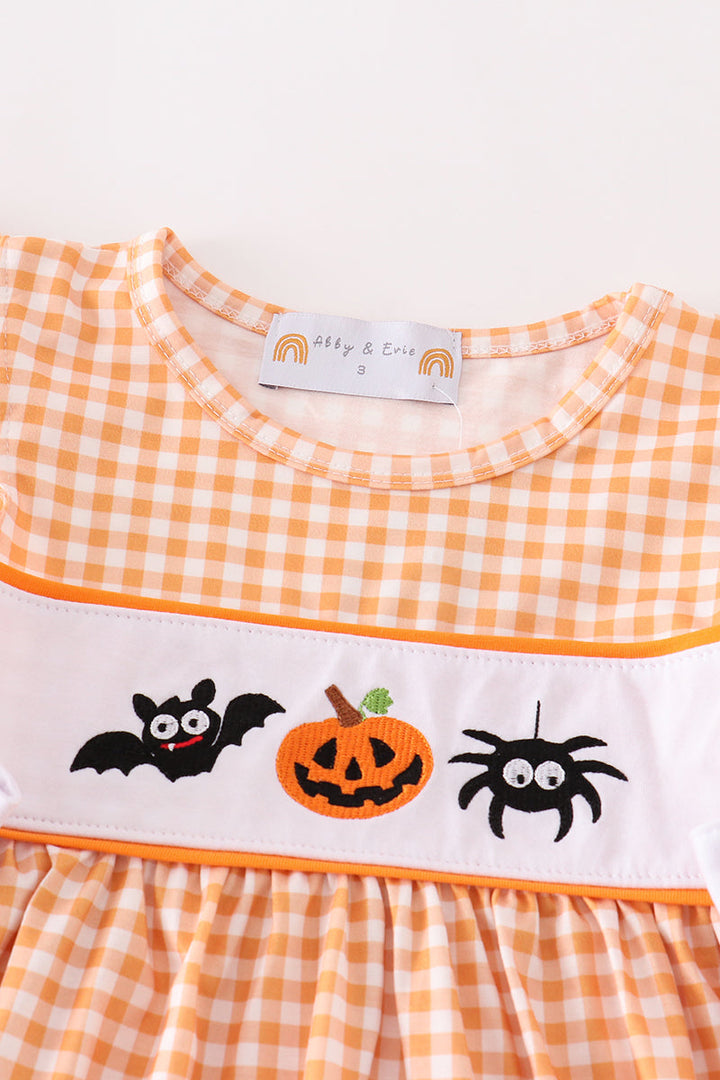 Orange Halloween Embroidery Plaid Dress