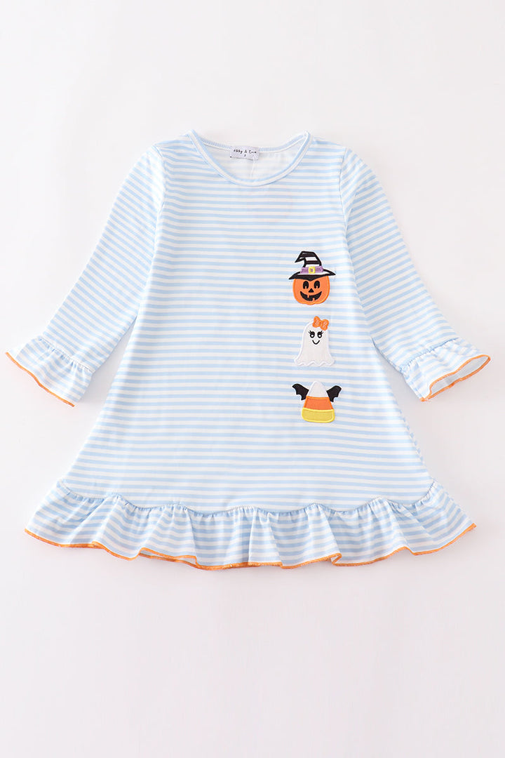 Halloween Pumpkin Ghost Stripe Applique Dress