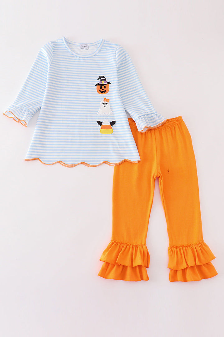 Halloween Pumpkin Ghost Stripe Applique Girl Set