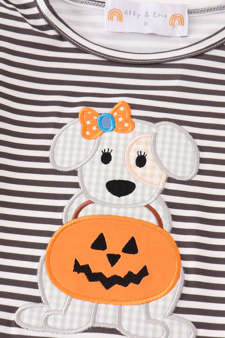 Halloween Pumpkin Puppy Stripe Applique Girl Set