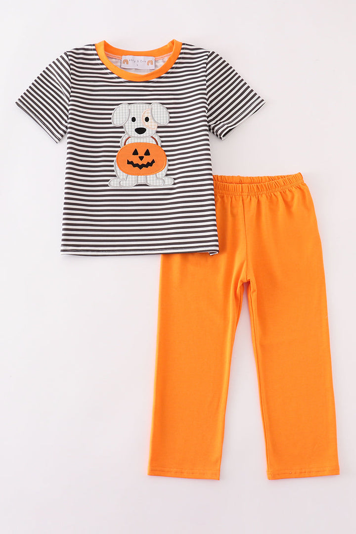 Halloween Pumpkin Puppy Stripe Applique Boy Set