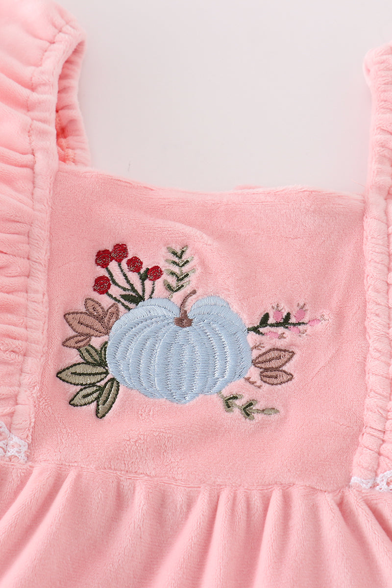 Pink Velvet Pumpkin Embroidery Tiered Dress