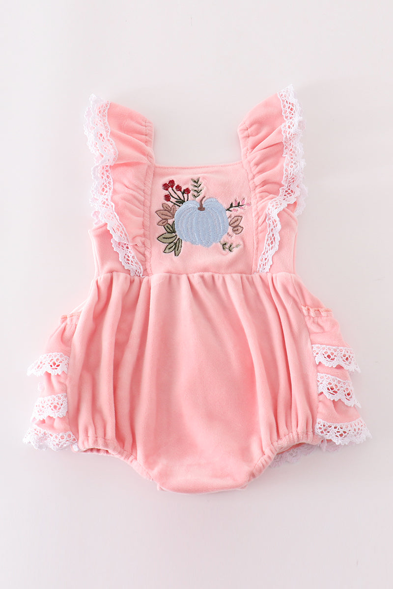 Pink Velvet Pumpkin Embroidery Ruffle Girl Bubble