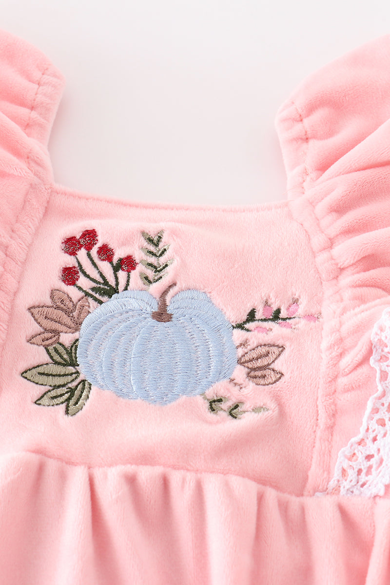 Pink Velvet Pumpkin Embroidery Ruffle Girl Bubble