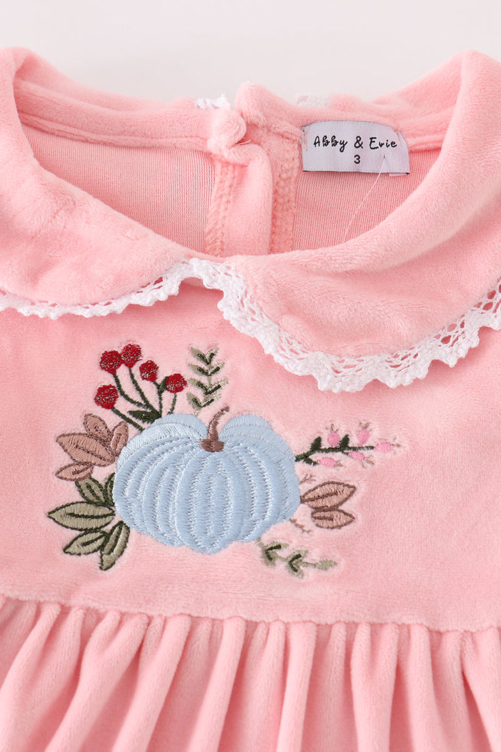 Pink Velvet Pumpkin Embroidery Dress