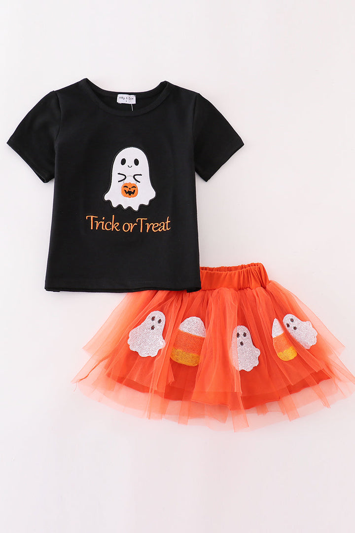 Halloween Trick Or Treat Ghost Sequin Tutu Skorts Set