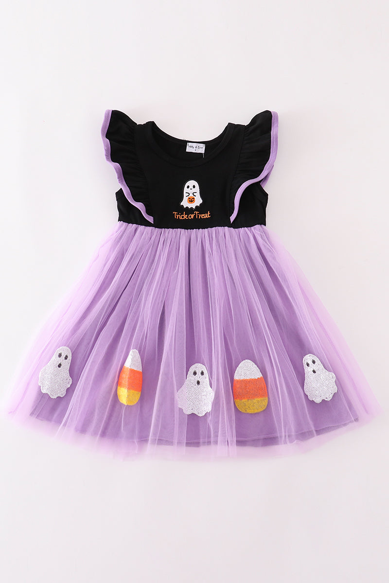 Purple Halloween Trick Or Treat Ghost Tutu Sequin Dress