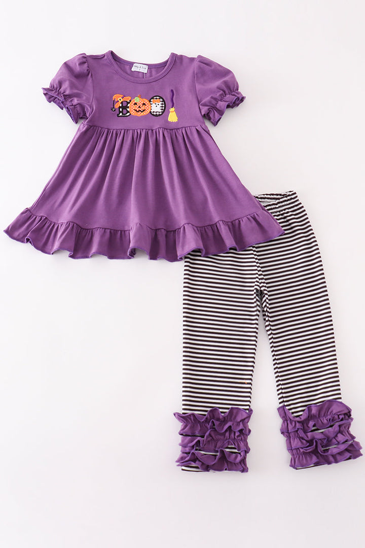 Purple Halloween Pumpkin Boo Applique Girl Set