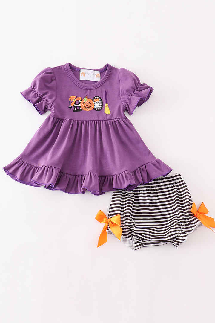 Purple Halloween Pumpkin Boo Applique Baby Set