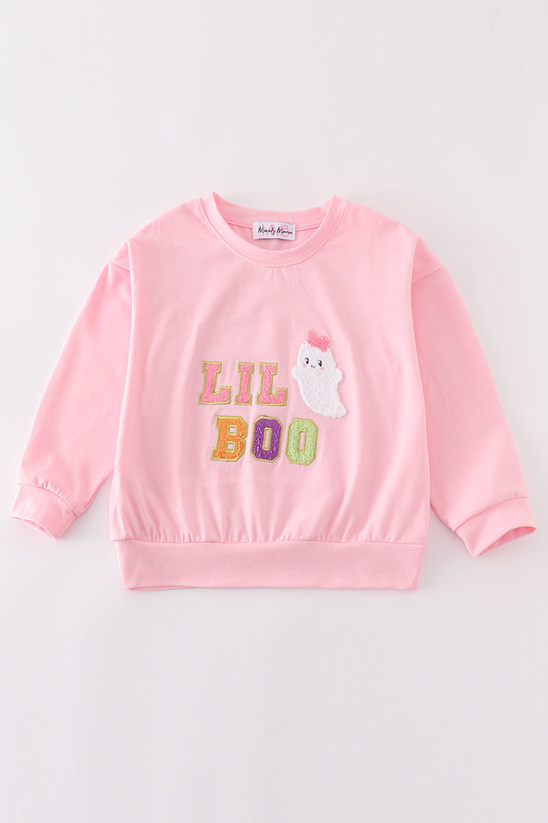 Pink Halloween Lil Boo Chenille Patch Girl Top