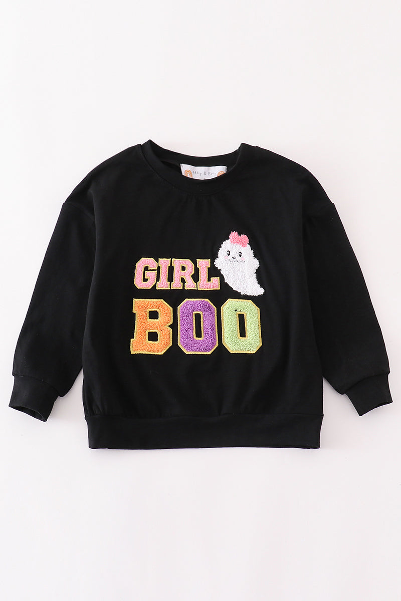 Black Halloween Mom & Girl Boo Chenille Patch Top