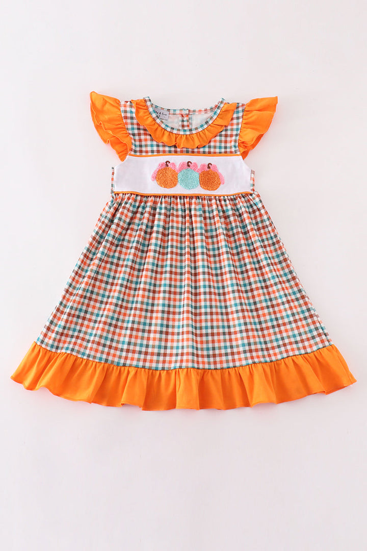 Pumpkin French Knot Gingham Dress