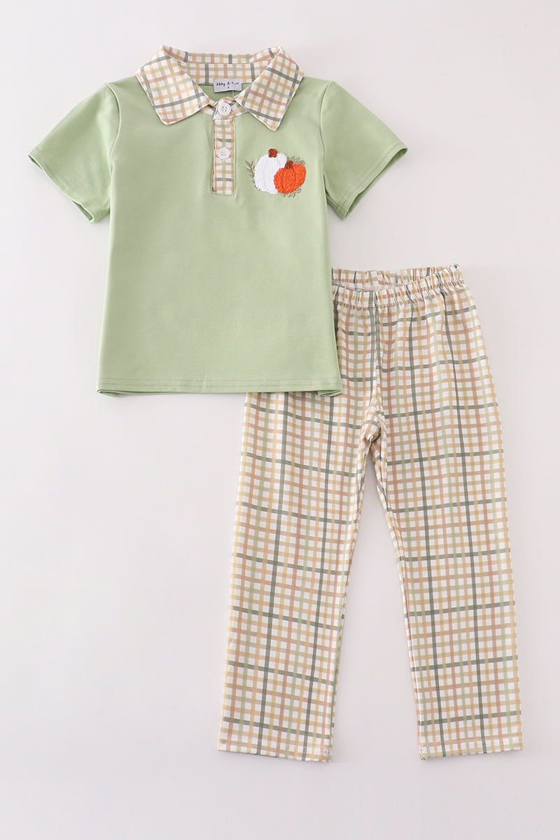 Sage Pumpkin French Knot Boy Pants Set