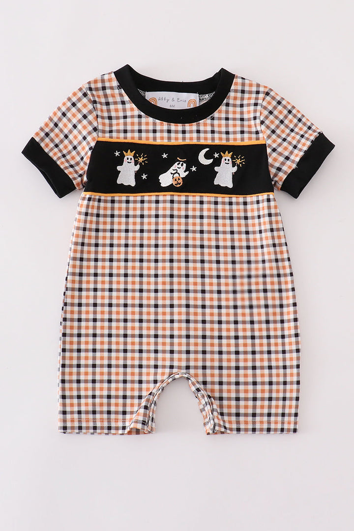 Halloween Ghost Embroidery Plaid Boy Romper