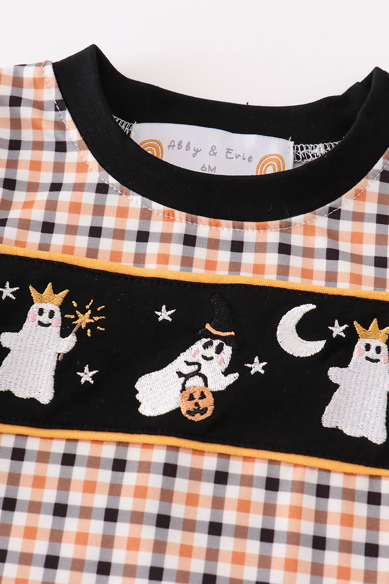 Halloween Ghost Embroidery Plaid Boy Romper