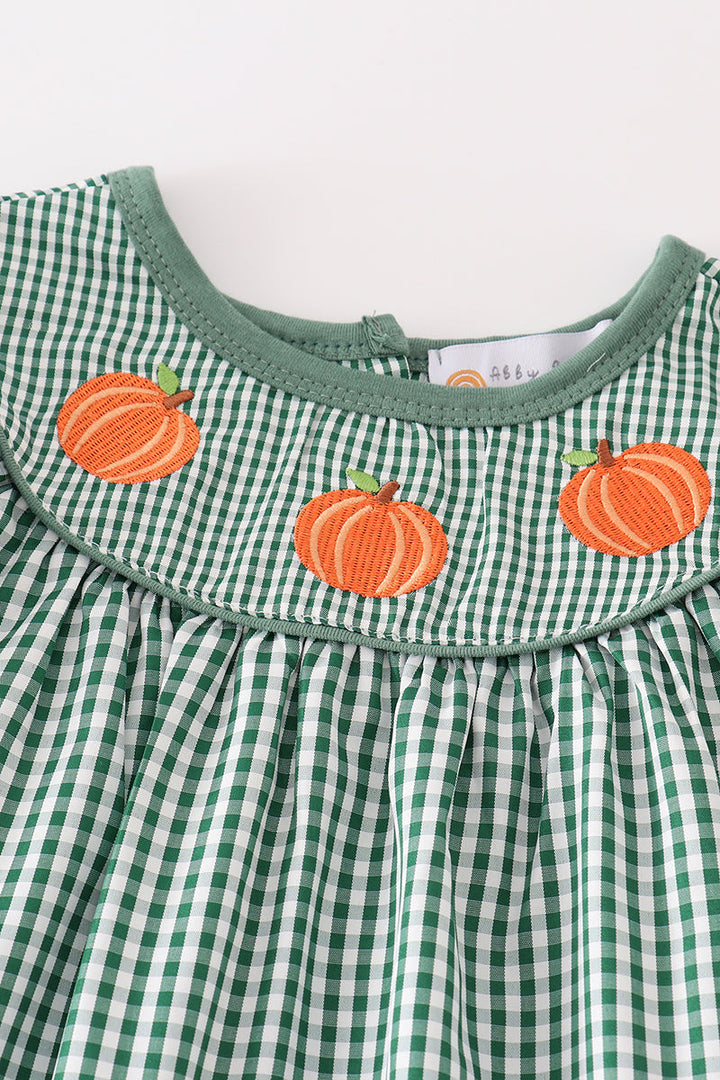 Green Gingham Pumpkin Embroidery Girl Set