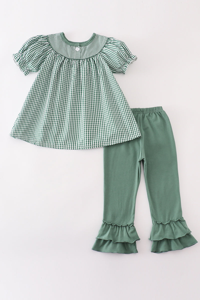 Green Gingham Pumpkin Embroidery Girl Set