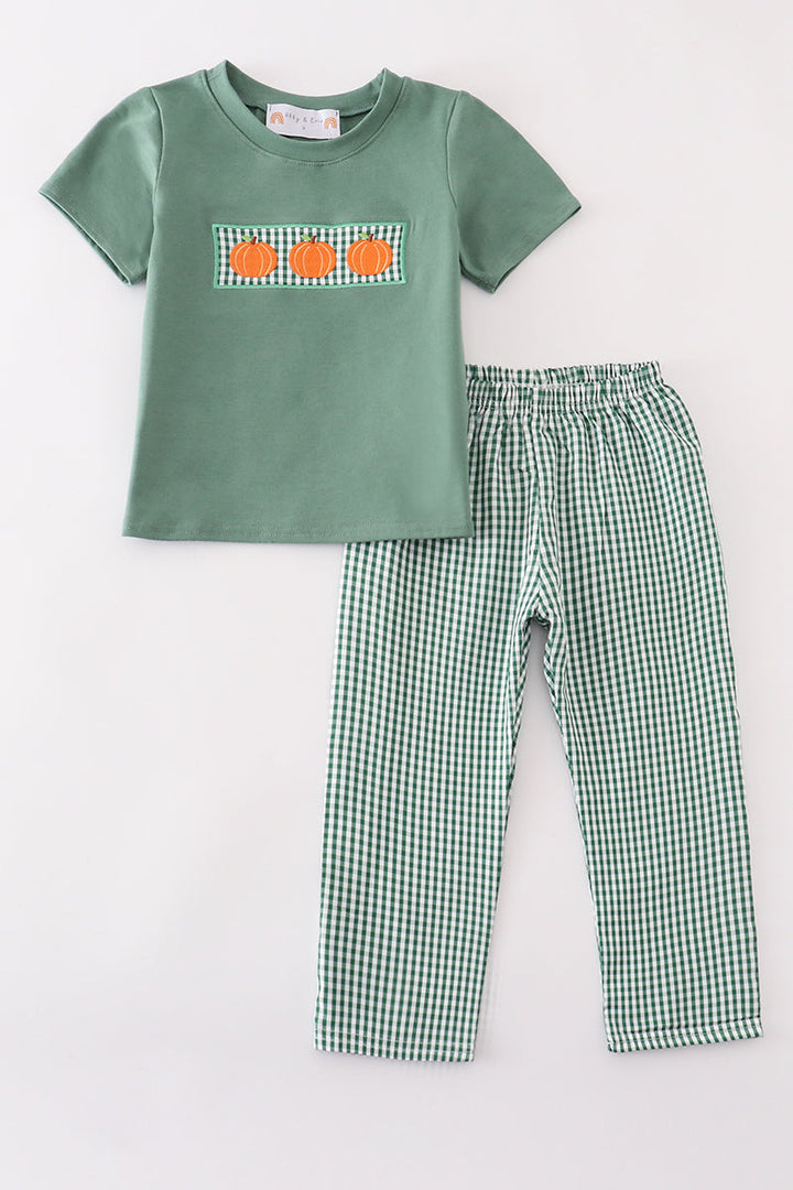 Green Gingham Pumpkin Embroidery Boy Set