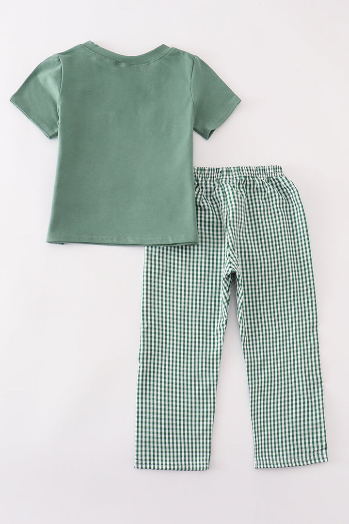 Green Gingham Pumpkin Embroidery Boy Set