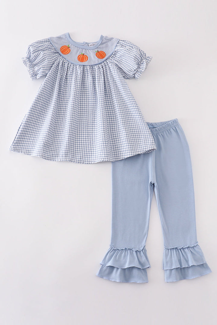 Blue Gingham Pumpkin Embroidery Girl Set