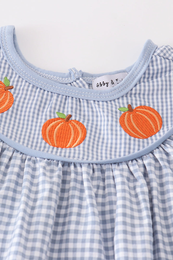 Blue Gingham Pumpkin Embroidery Girl Set