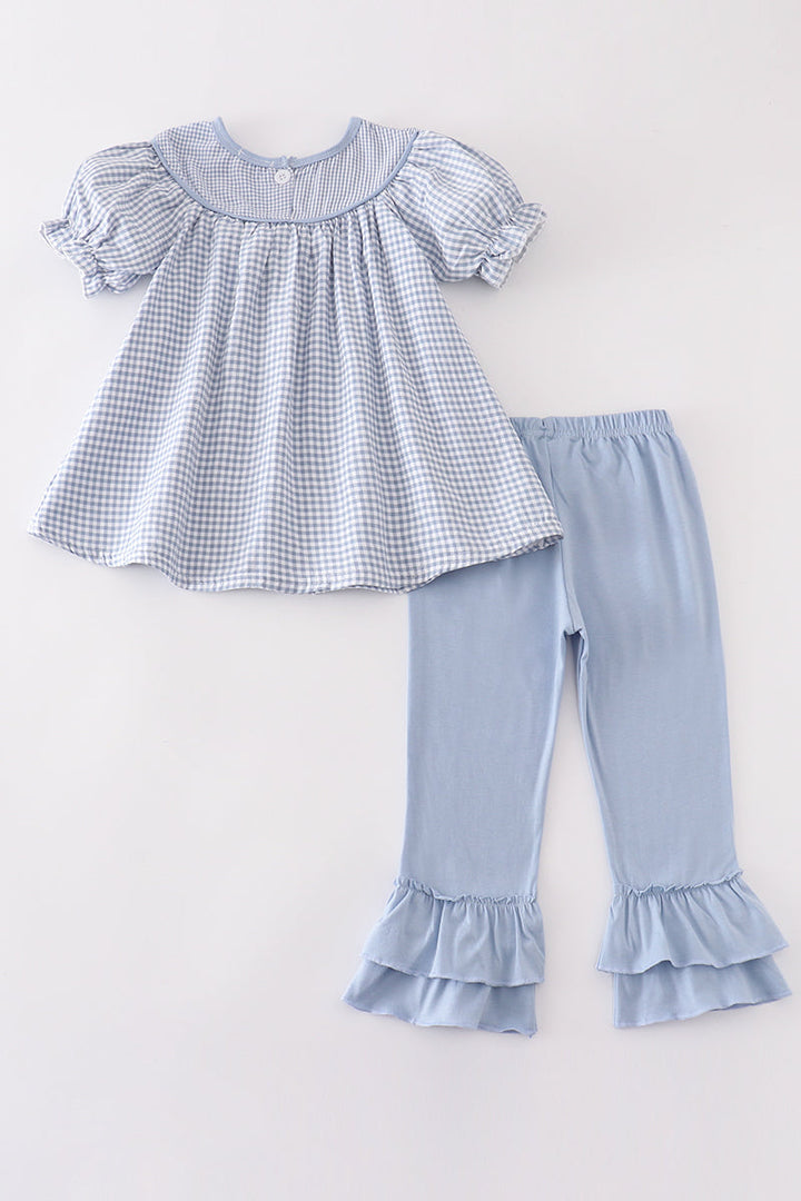 Blue Gingham Pumpkin Embroidery Girl Set