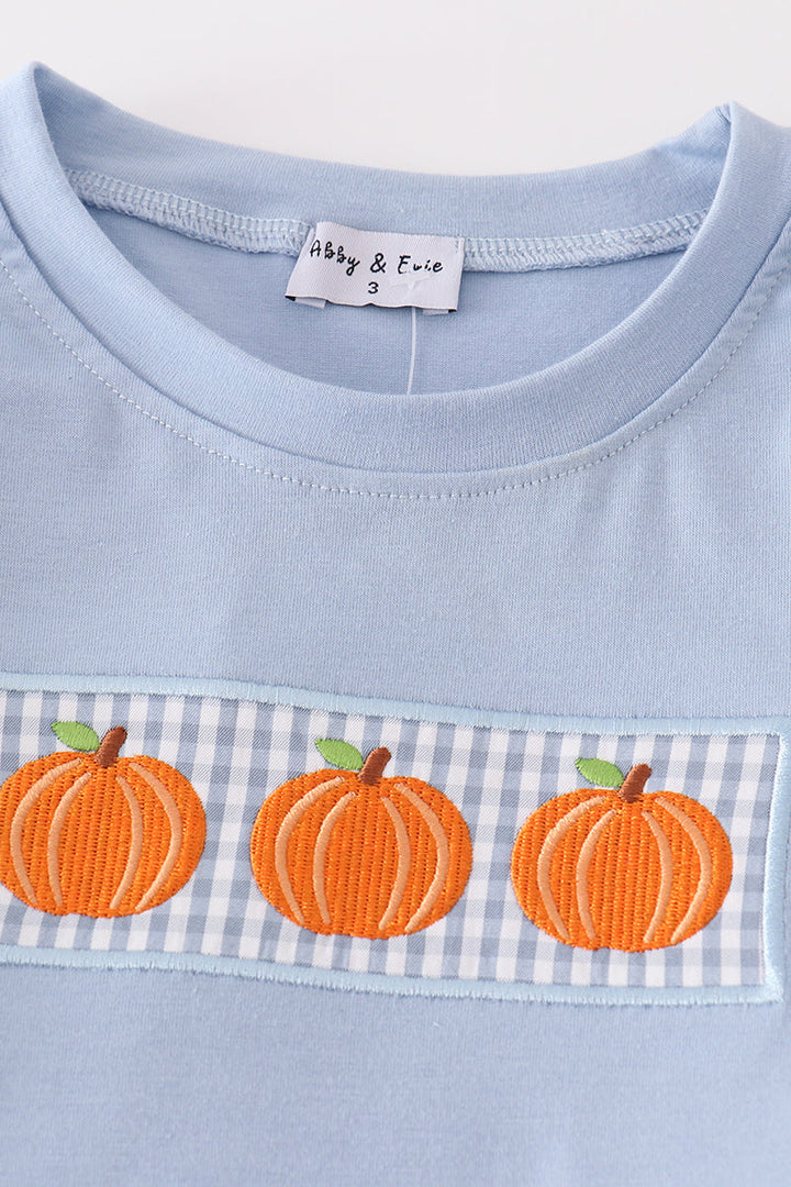 Blue Gingham Pumpkin Embroidery Boy Set