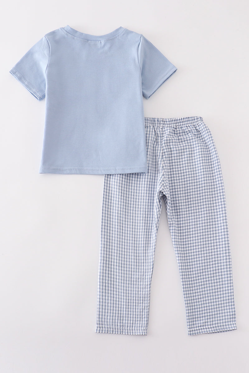 Blue Gingham Pumpkin Embroidery Boy Set