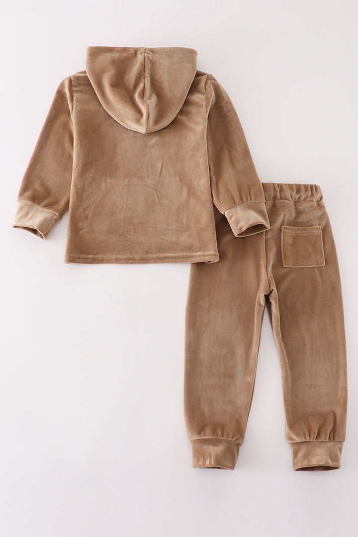 Beige Velvet Boy Hoodie Set