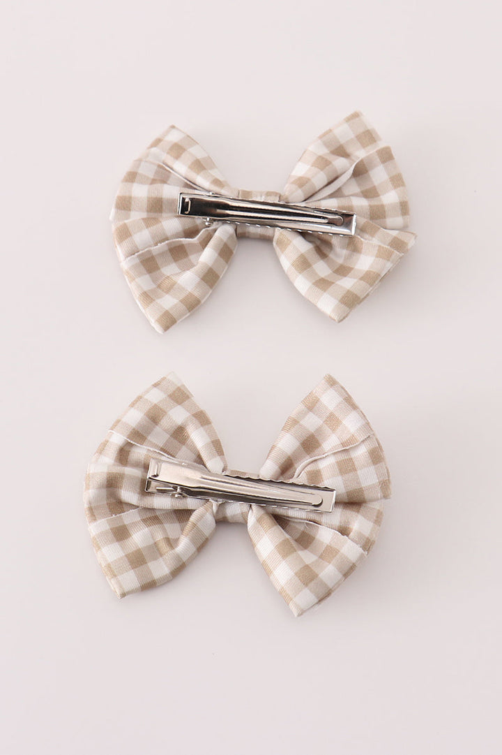 Khaki Gingham Piggie Hair Bow