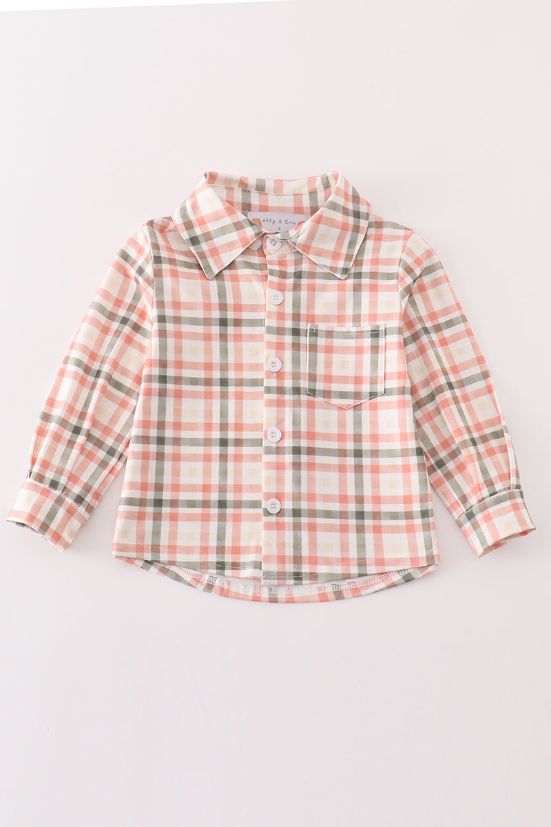 Green Watercolor Plaid Boy Button Down Shirt