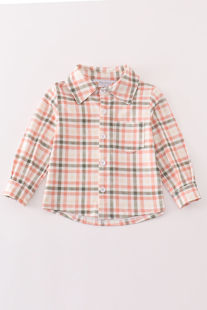 Green Watercolor Plaid Boy Button Down Shirt