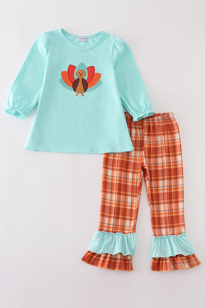 Green Turkey Applique Girl Set