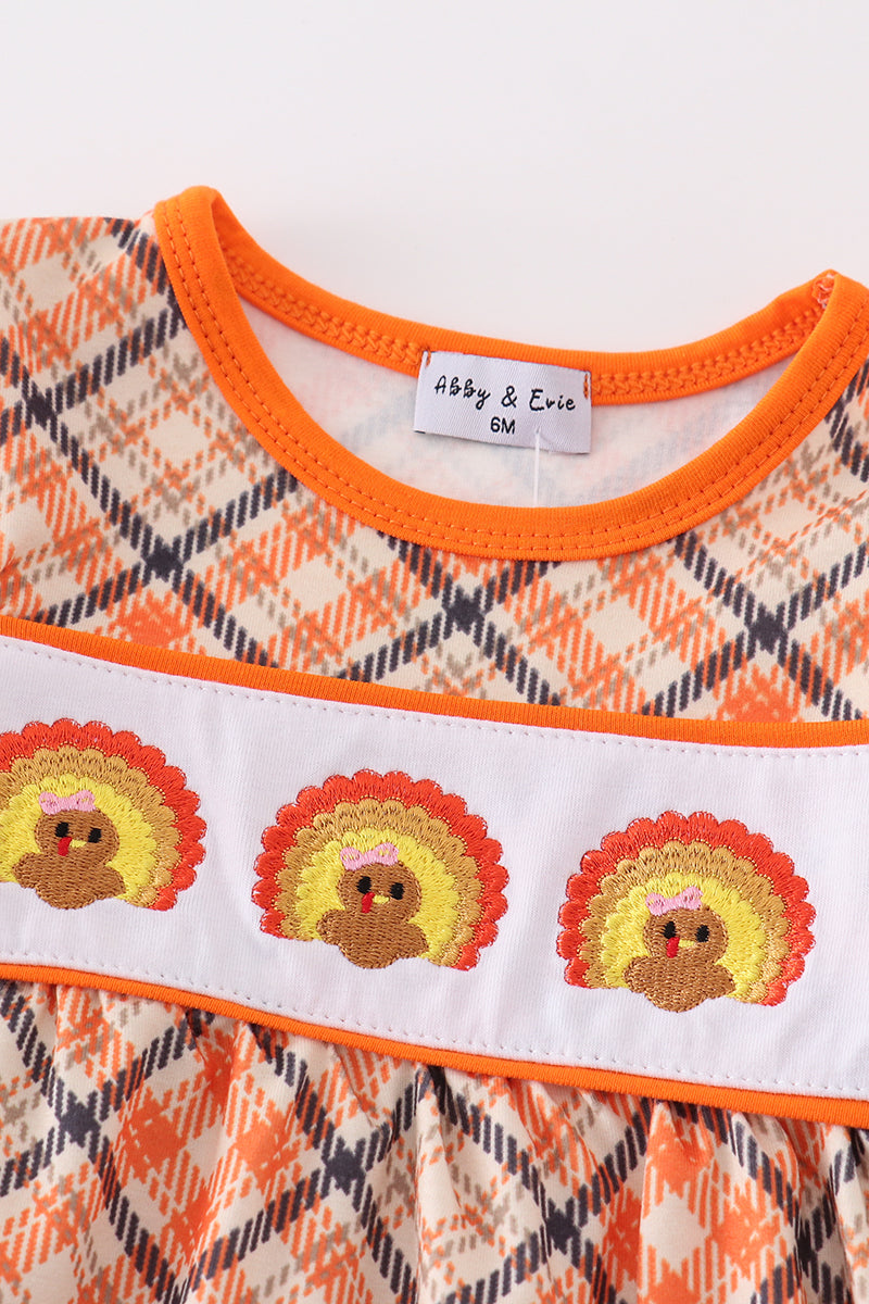 Orange Turkey Embroidery Girl Romper