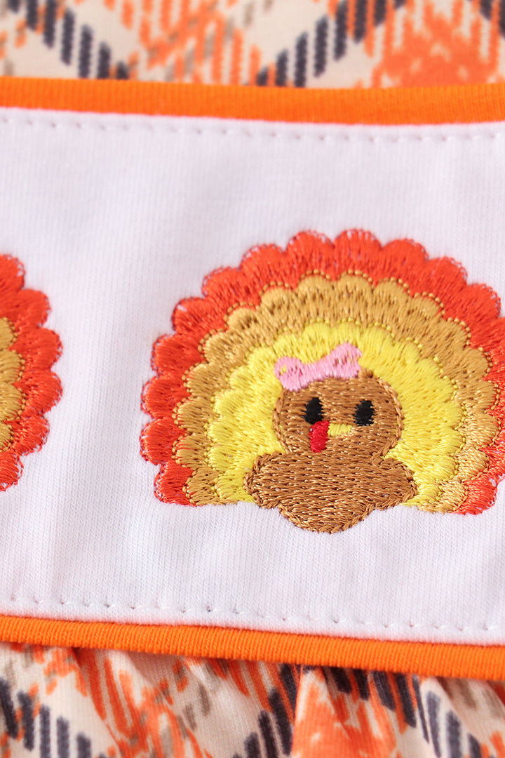 Orange Turkey Embroidery Girl Romper