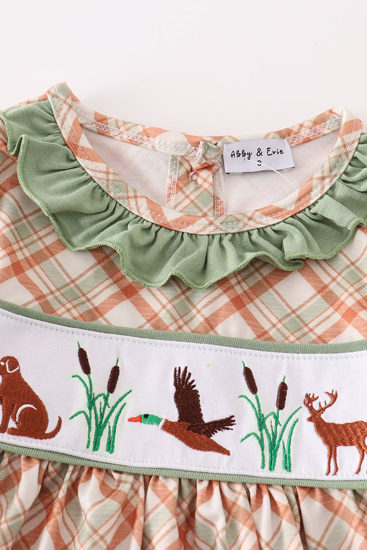 Green Hunting Duck Embroidery Girl Dress