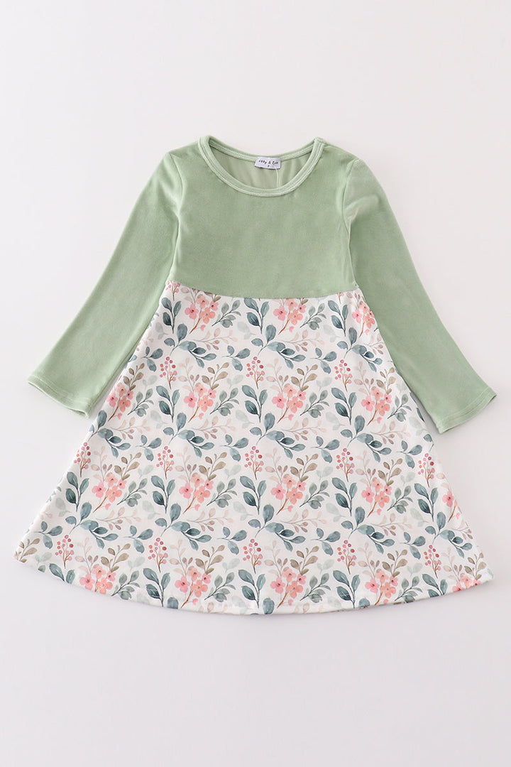 Green Floral Velvet Ruffle Dress