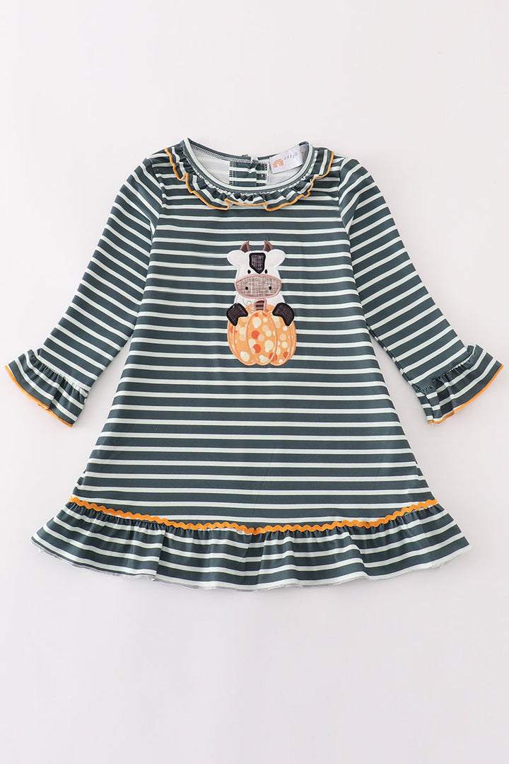 Green Stripe Cow Pumpkin Applique Dress