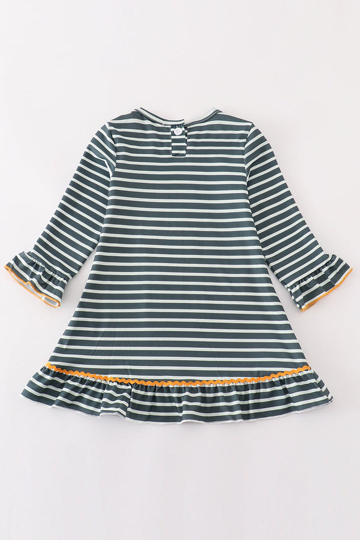 Green Stripe Cow Pumpkin Applique Dress