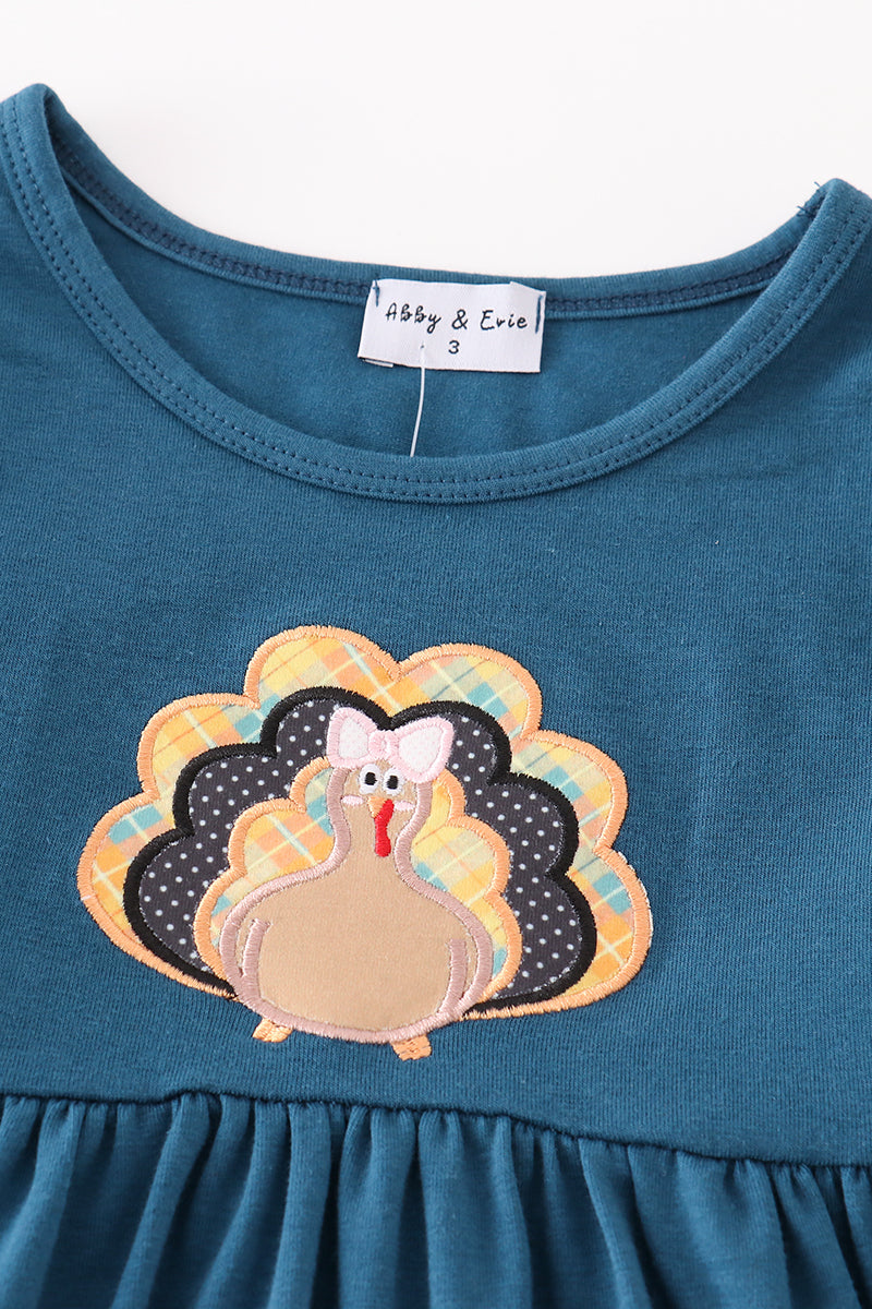 Navy Thanksgiving Turkey Applique Ruffle Dress